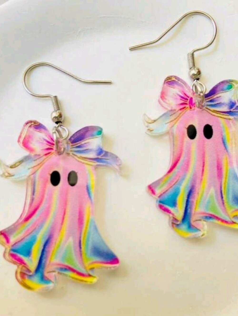 Colorful Pink Iridecent Ghost Earrings with Bow